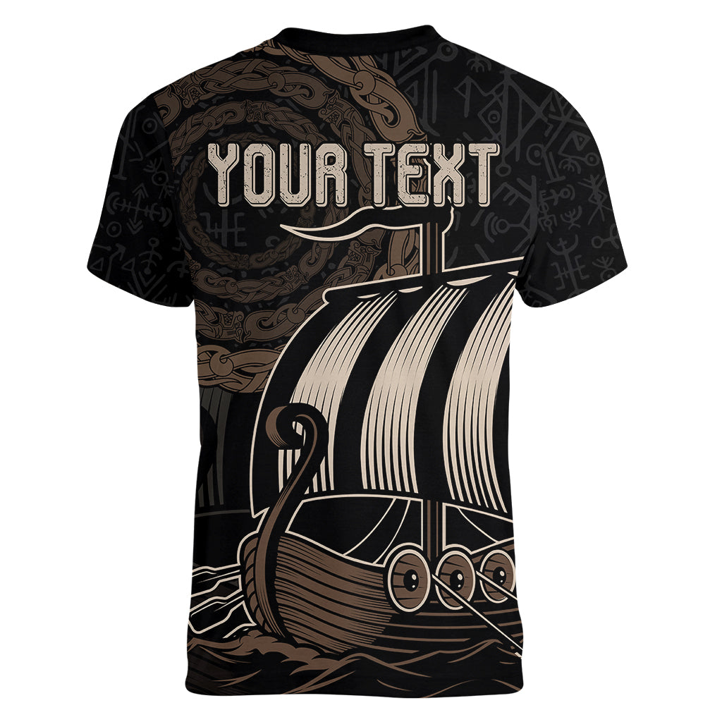 Personalised Viking Iceland Women V Neck T Shirt Norman Ship with Coat Of Arms Crossing The Sea - Wonder Print Shop