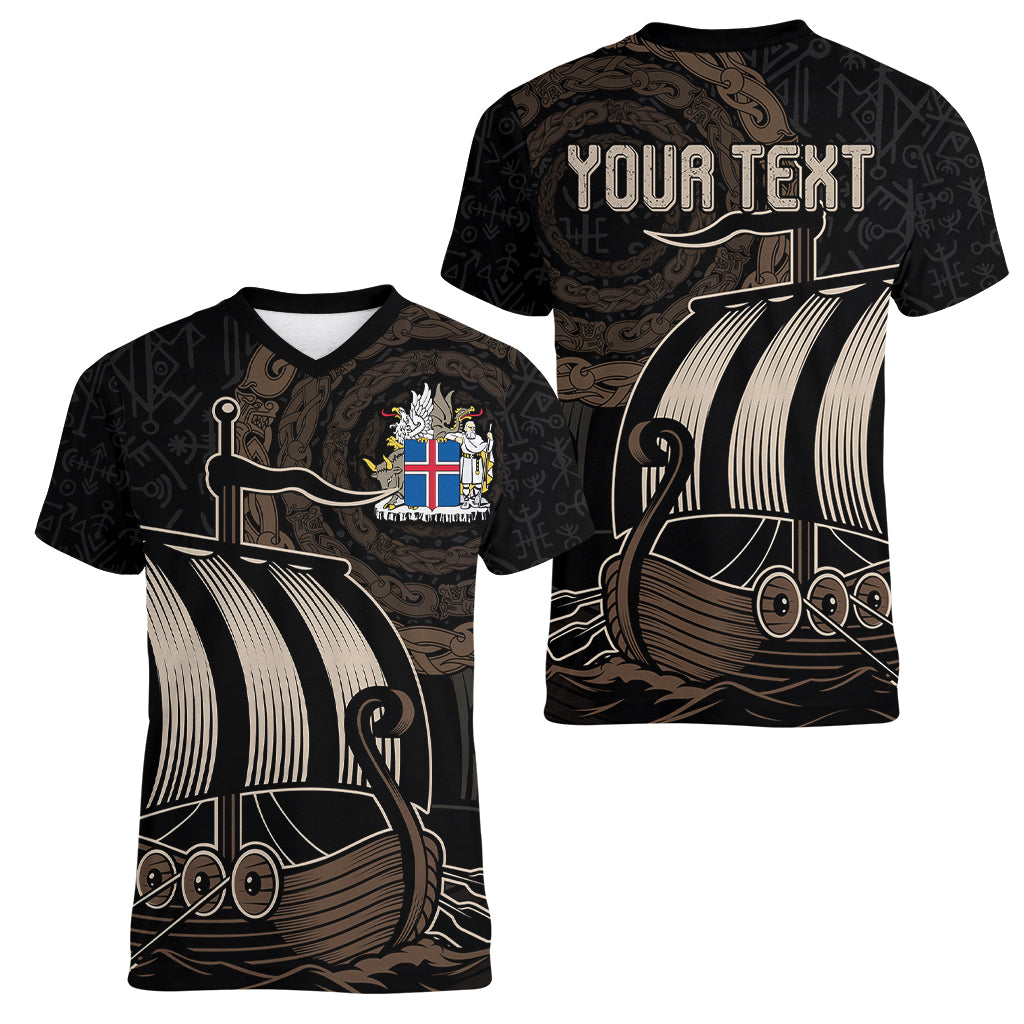 Personalised Viking Iceland Women V Neck T Shirt Norman Ship with Coat Of Arms Crossing The Sea - Wonder Print Shop