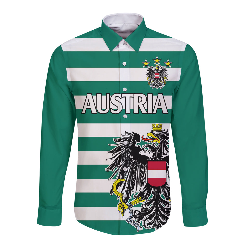 (Custom Text And Number) Austria Long Sleeve Button Shirt Austrian Coat Of Arms Minimalist Green Style No2 - Wonder Print Shop
