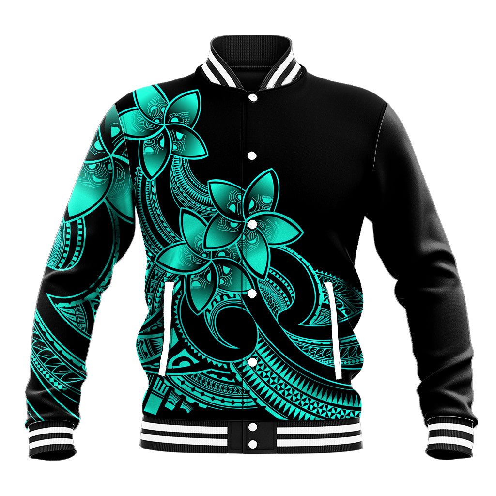 Polynesian Pride Plumeria Flowers Baseball Jacket Polynesian Tribal Aqua Vibe LT9 - Wonder Print Shop