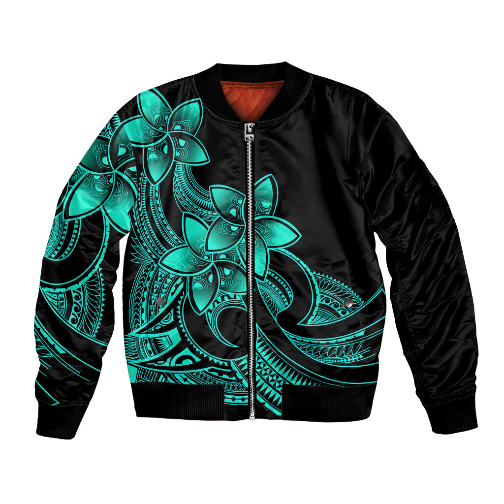 Polynesian Pride Plumeria Flowers Bomber Jacket Polynesian Tribal Aqua Vibe LT9 - Wonder Print Shop