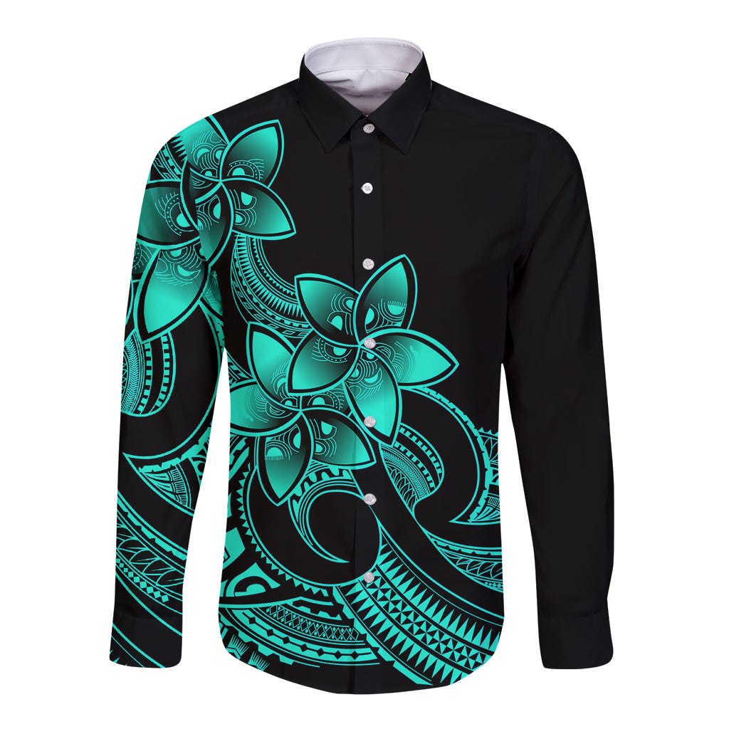 Polynesian Pride Plumeria Flowers Long Sleeve Button Shirt Polynesian Tribal Aqua Vibe - Wonder Print Shop