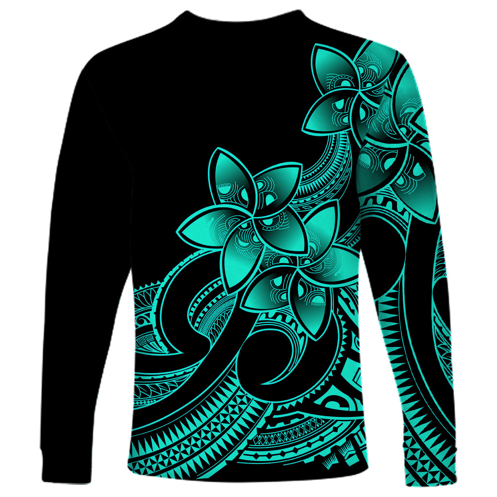 Polynesian Pride Plumeria Flowers Long Sleeve Shirt Polynesian Tribal Aqua Vibe - Wonder Print Shop