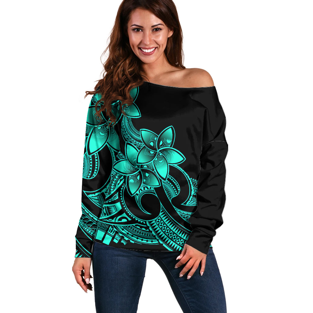 Polynesian Pride Plumeria Flowers Off Shoulder Sweater Polynesian Tribal Aqua Vibe - Wonder Print Shop