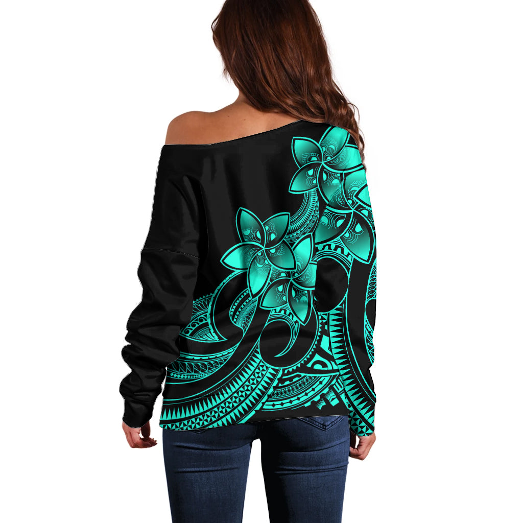 Polynesian Pride Plumeria Flowers Off Shoulder Sweater Polynesian Tribal Aqua Vibe - Wonder Print Shop