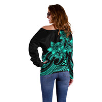 Polynesian Pride Plumeria Flowers Off Shoulder Sweater Polynesian Tribal Aqua Vibe - Wonder Print Shop