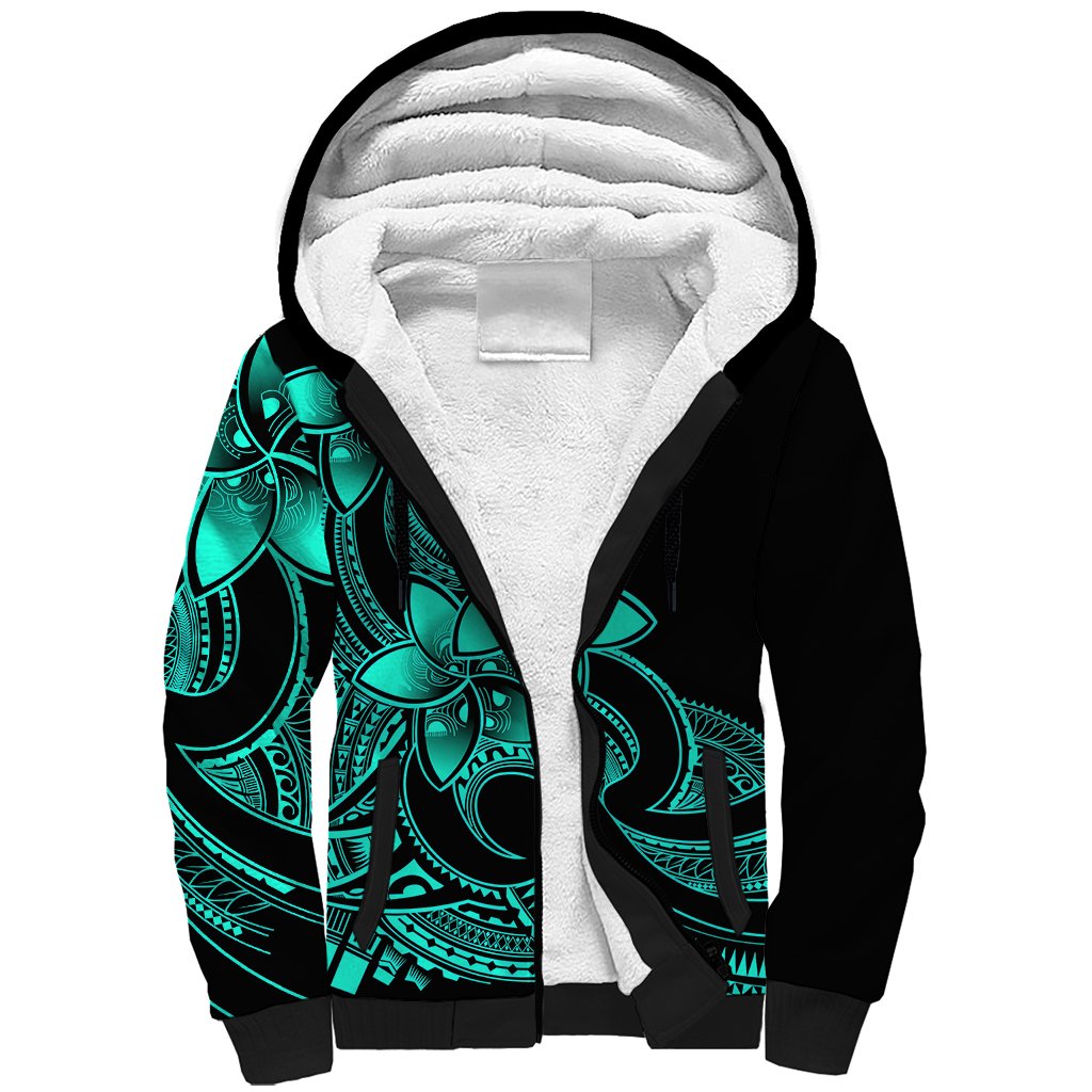 Polynesian Pride Plumeria Flowers Sherpa Hoodie Polynesian Tribal Aqua Vibe - Wonder Print Shop