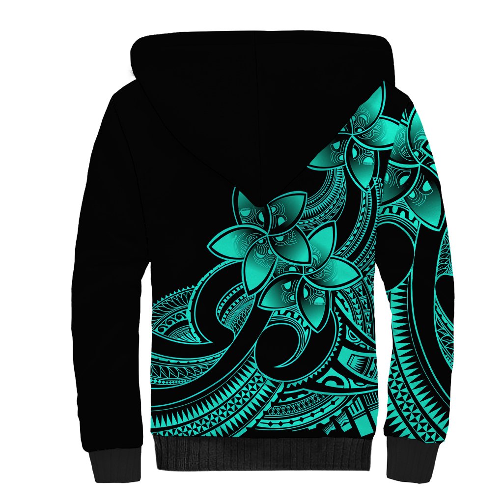 Polynesian Pride Plumeria Flowers Sherpa Hoodie Polynesian Tribal Aqua Vibe - Wonder Print Shop