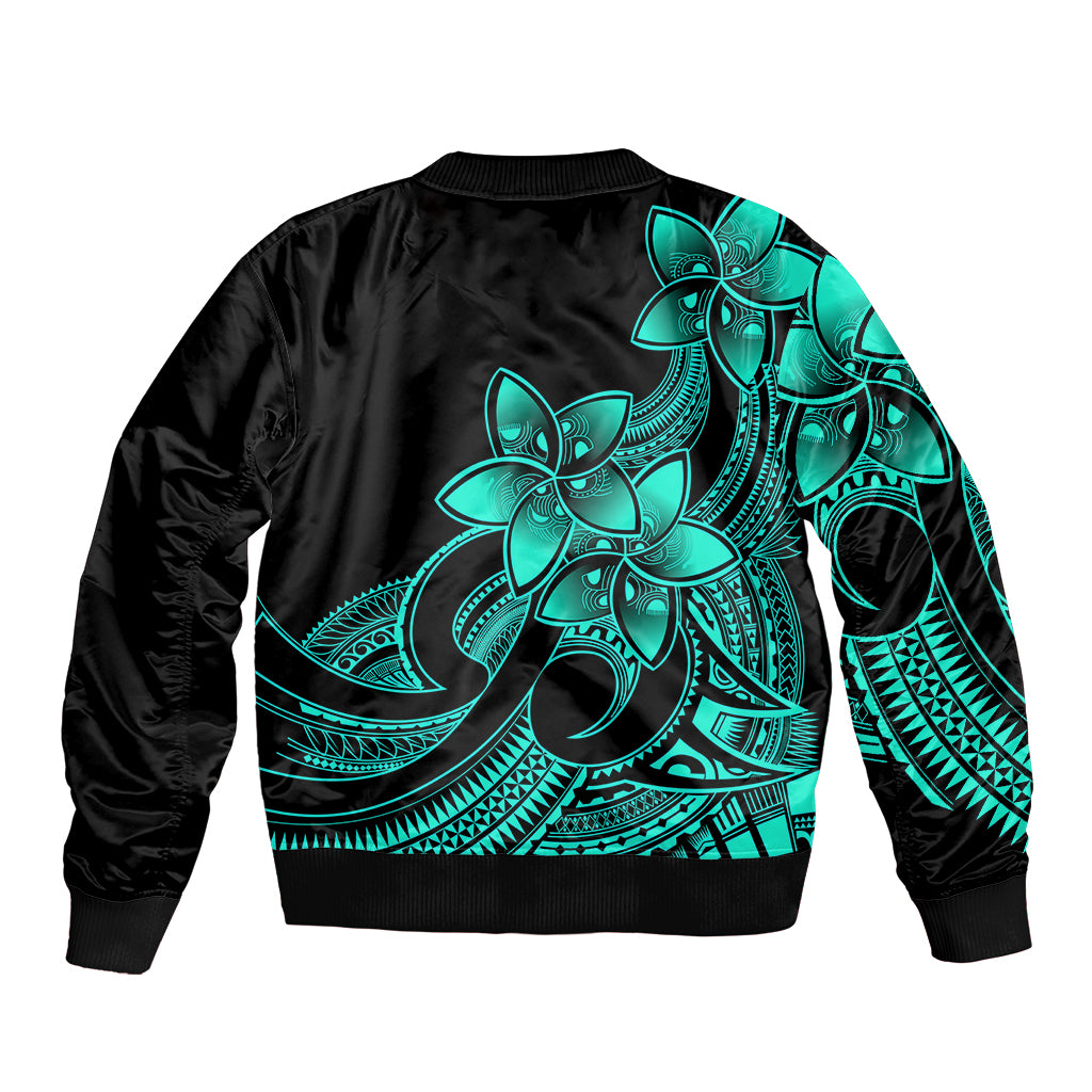 Polynesian Pride Plumeria Flowers Sleeve Zip Bomber Jacket Polynesian Tribal Aqua Vibe - Wonder Print Shop