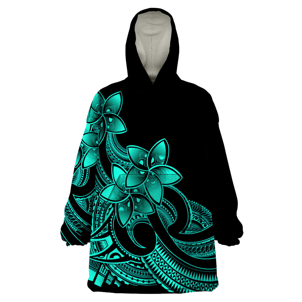 Polynesian Pride Plumeria Flowers Wearable Blanket Hoodie Polynesian Tribal Aqua Vibe - Wonder Print Shop