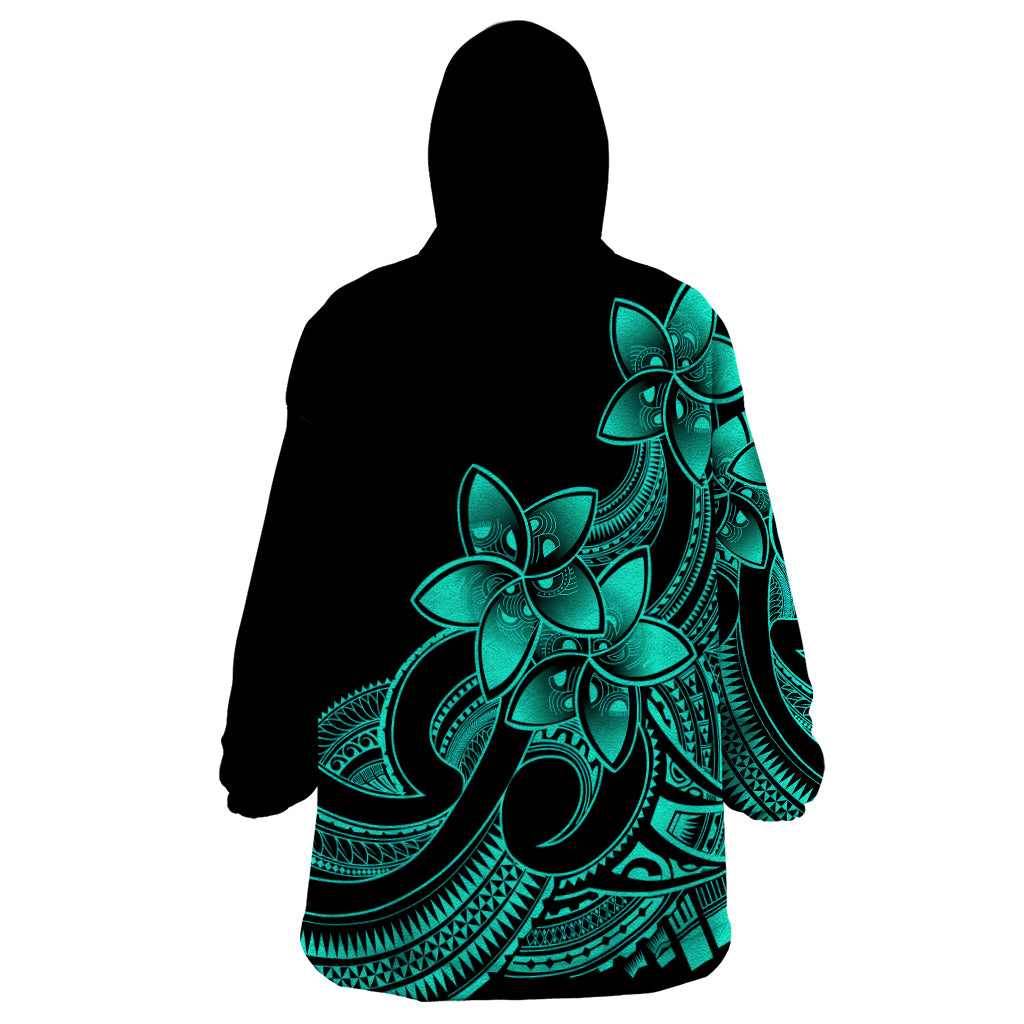 Polynesian Pride Plumeria Flowers Wearable Blanket Hoodie Polynesian Tribal Aqua Vibe - Wonder Print Shop