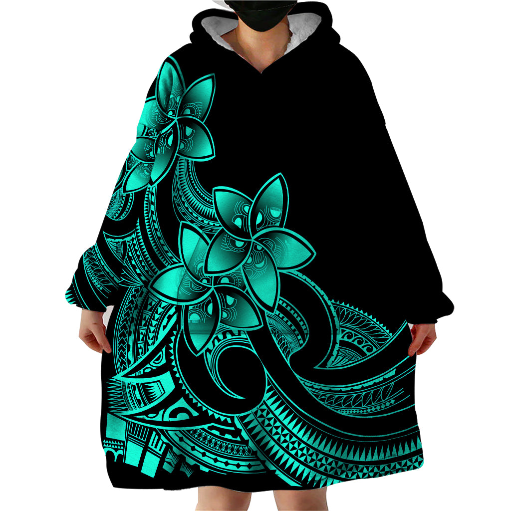 Polynesian Pride Plumeria Flowers Wearable Blanket Hoodie Polynesian Tribal Aqua Vibe - Wonder Print Shop