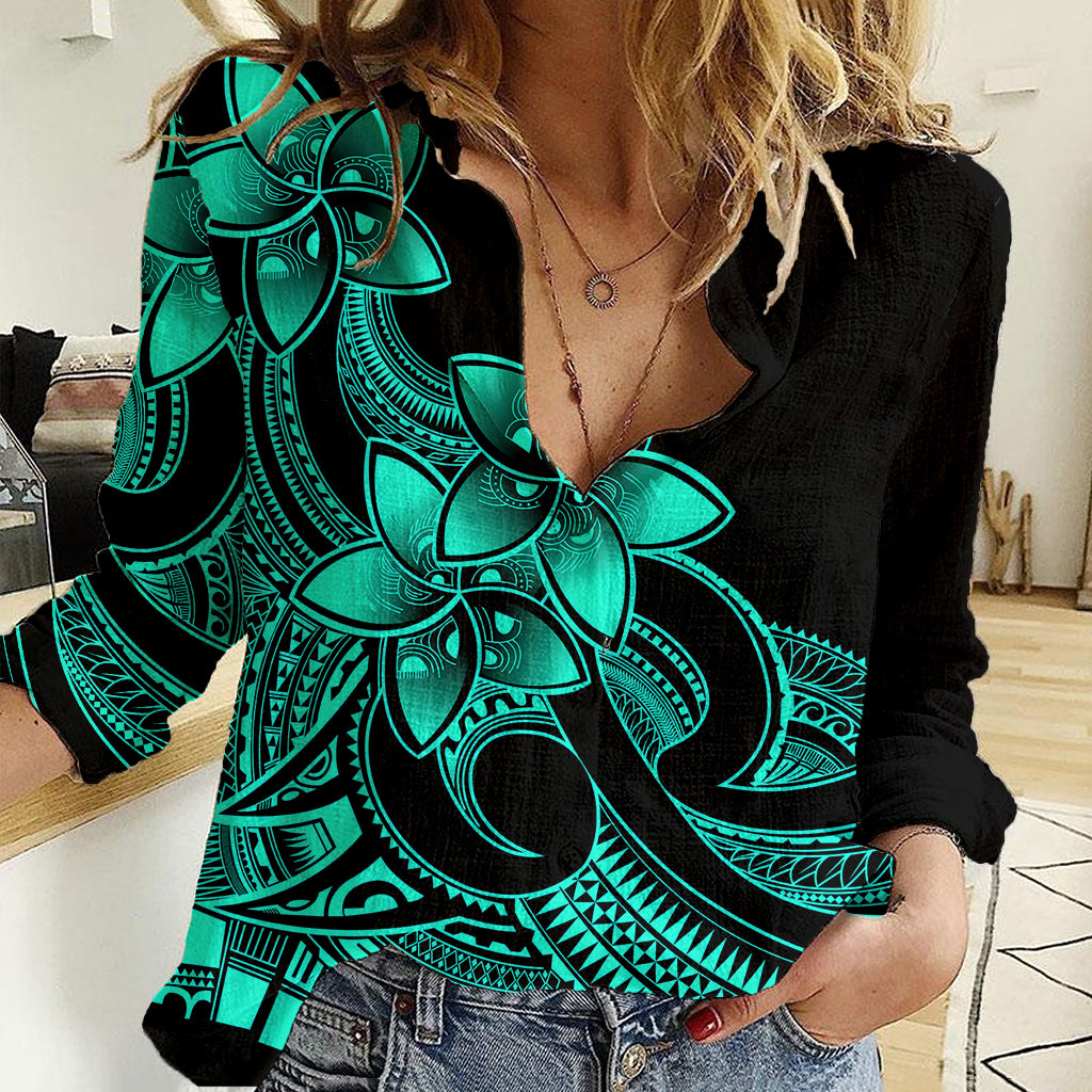 Polynesian Pride Plumeria Flowers Women Casual Shirt Polynesian Tribal Aqua Vibe - Wonder Print Shop
