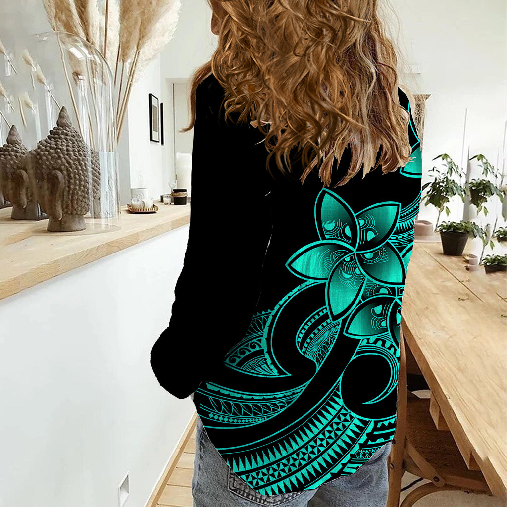 Polynesian Pride Plumeria Flowers Women Casual Shirt Polynesian Tribal Aqua Vibe - Wonder Print Shop