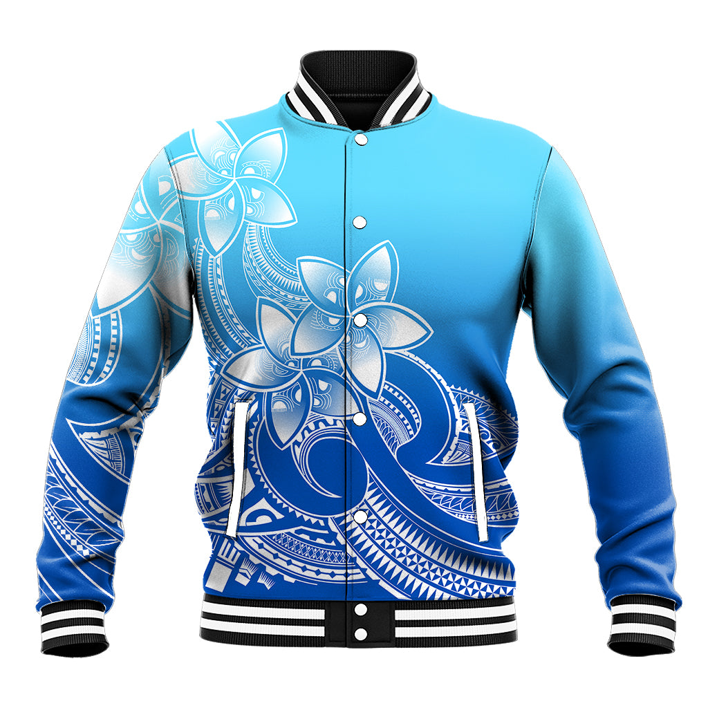 Polynesian Pride Plumeria Flowers Baseball Jacket Polynesian Tribal Gradient Blue LT9 - Wonder Print Shop