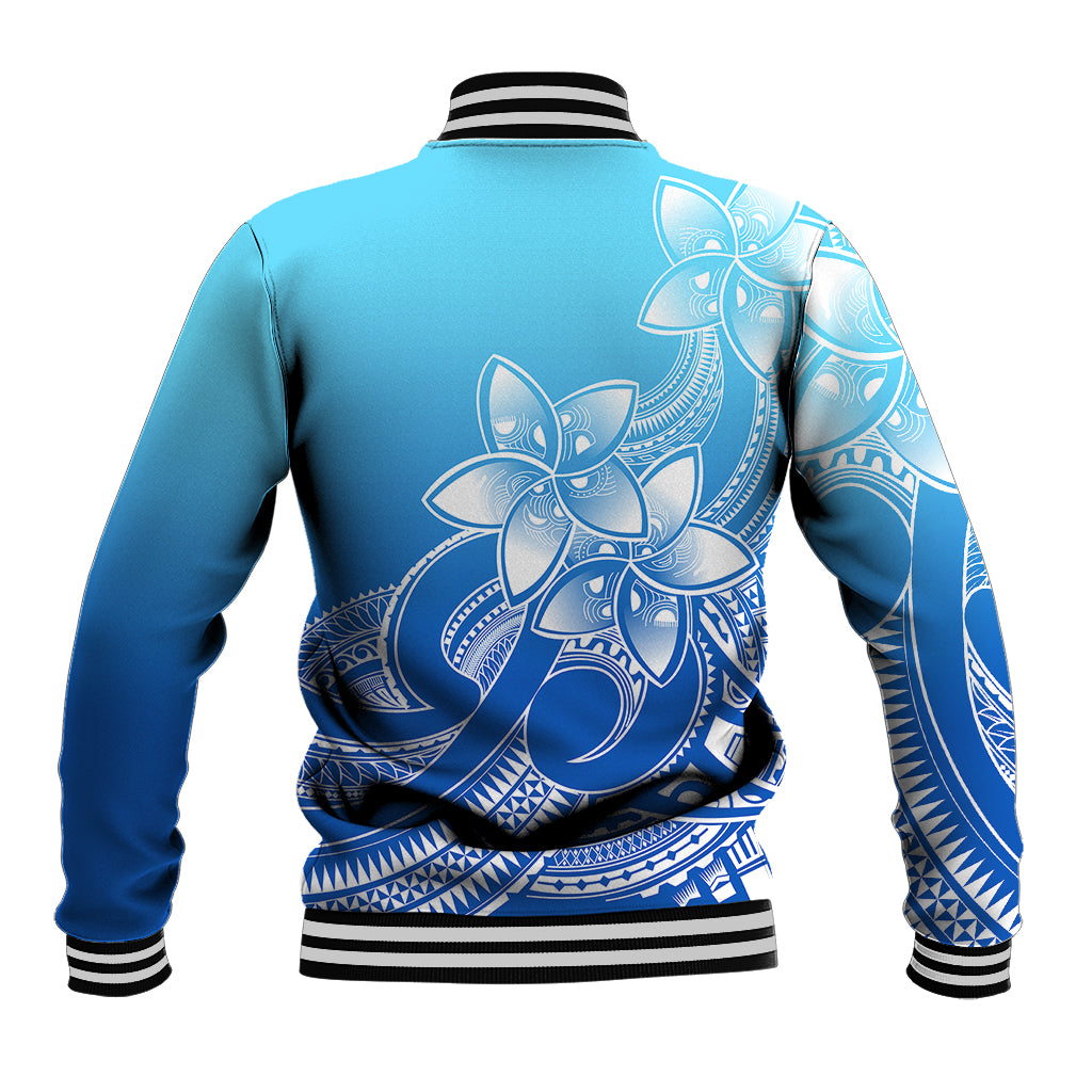 Polynesian Pride Plumeria Flowers Baseball Jacket Polynesian Tribal Gradient Blue LT9 - Wonder Print Shop