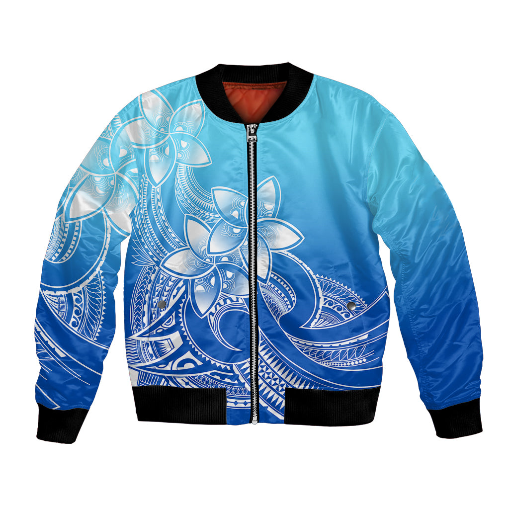 Polynesian Pride Plumeria Flowers Bomber Jacket Polynesian Tribal Gradient Blue LT9 - Wonder Print Shop