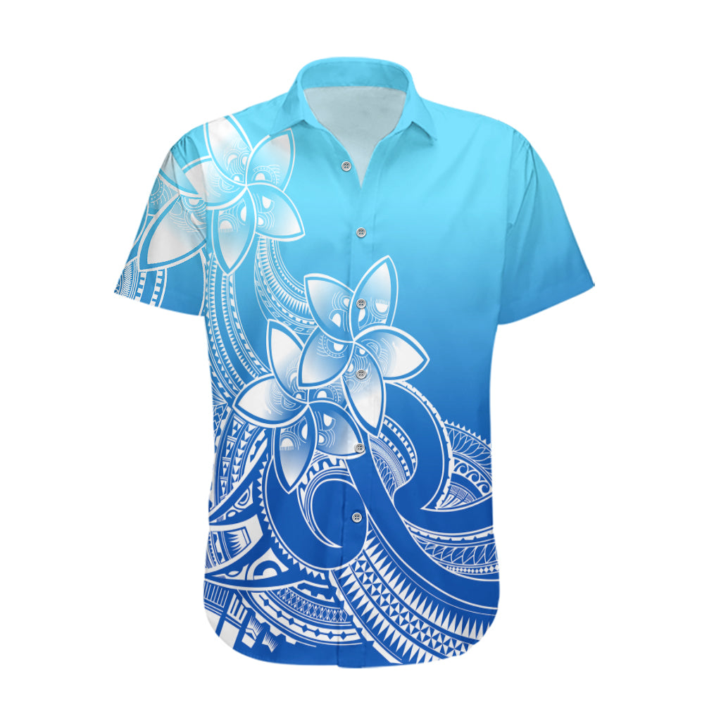 Polynesian Pride Plumeria Flowers Hawaiian Shirt Polynesian Tribal Gradient Blue - Wonder Print Shop