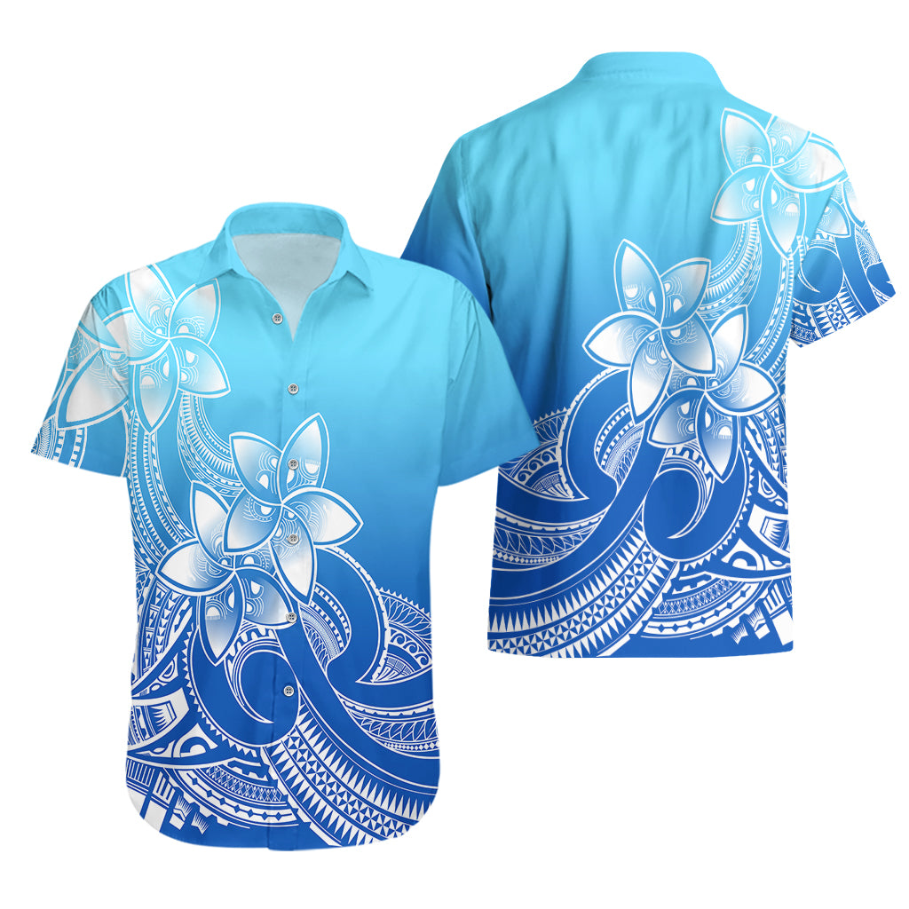 Polynesian Pride Plumeria Flowers Hawaiian Shirt Polynesian Tribal Gradient Blue - Wonder Print Shop