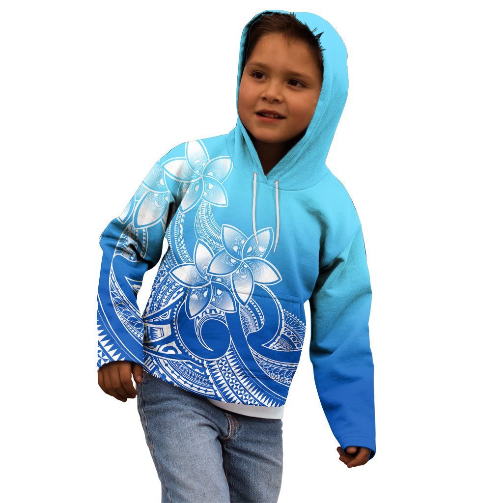 Polynesian Pride Plumeria Flowers Kid Hoodie Polynesian Tribal Gradient Blue - Wonder Print Shop