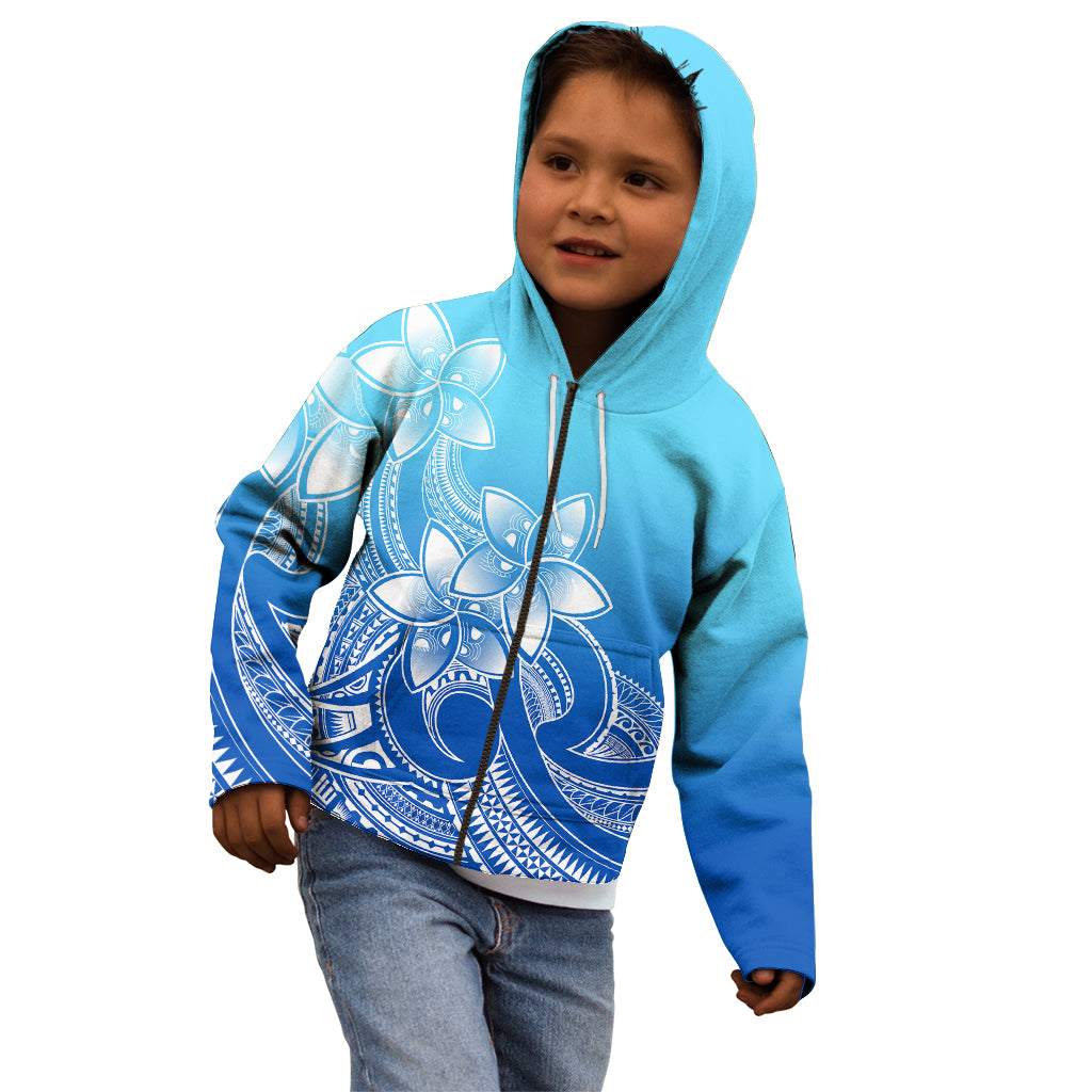 Polynesian Pride Plumeria Flowers Kid Hoodie Polynesian Tribal Gradient Blue - Wonder Print Shop
