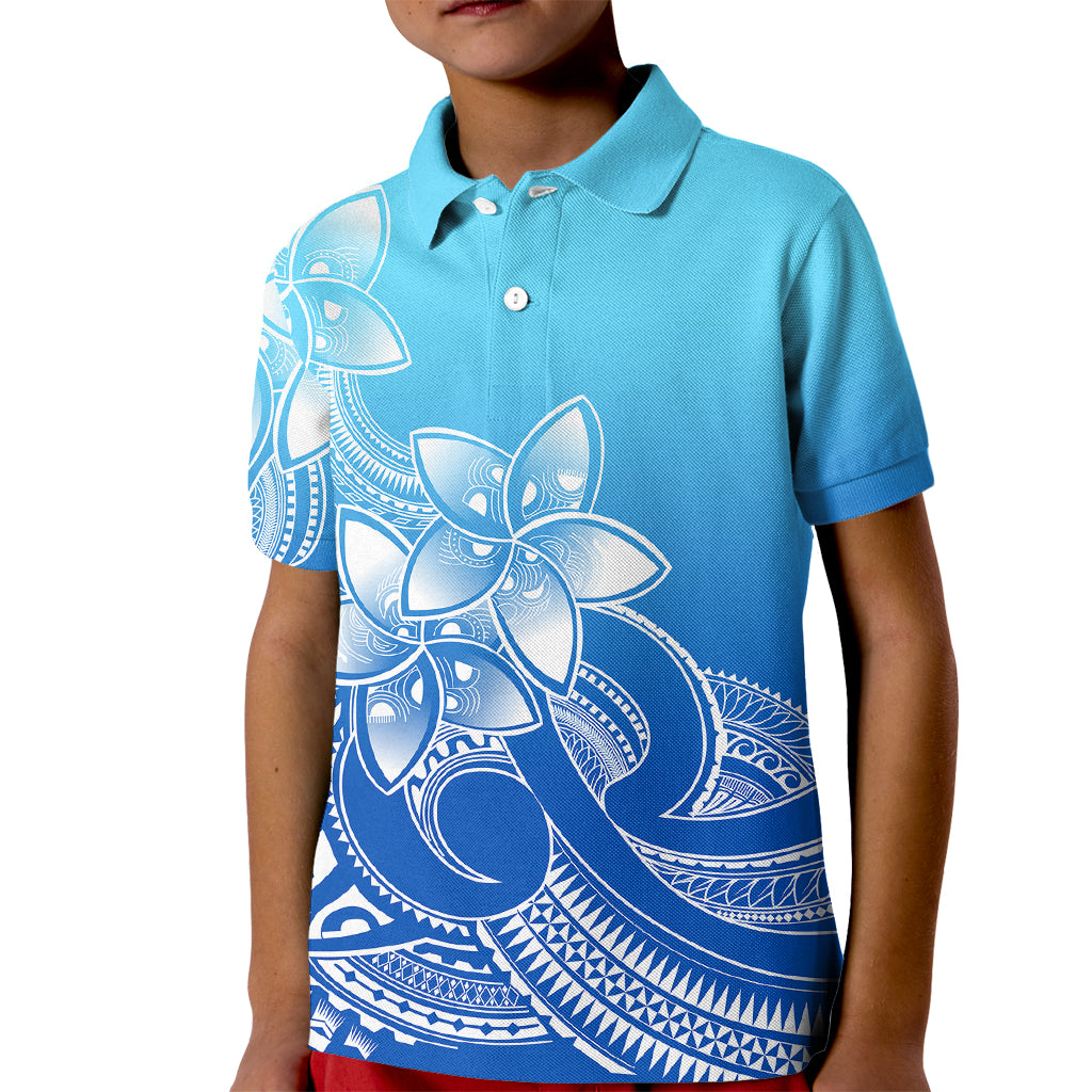 Polynesian Pride Plumeria Flowers Kid Polo Shirt Polynesian Tribal Gradient Blue - Wonder Print Shop