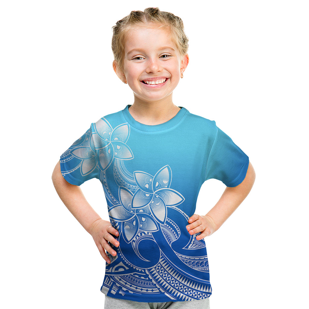 Polynesian Pride Plumeria Flowers Kid T Shirt Polynesian Tribal Gradient Blue - Wonder Print Shop