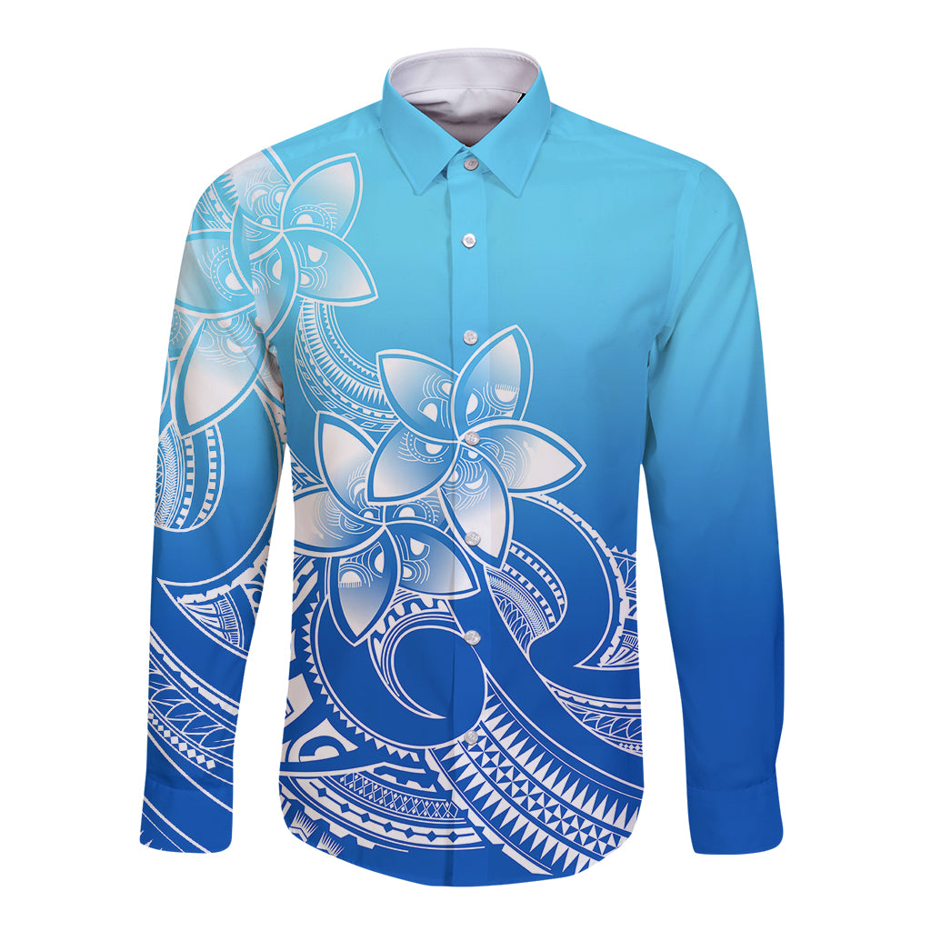 Polynesian Pride Plumeria Flowers Long Sleeve Button Shirt Polynesian Tribal Gradient Blue - Wonder Print Shop