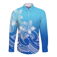 Polynesian Pride Plumeria Flowers Long Sleeve Button Shirt Polynesian Tribal Gradient Blue - Wonder Print Shop