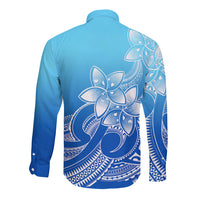 Polynesian Pride Plumeria Flowers Long Sleeve Button Shirt Polynesian Tribal Gradient Blue - Wonder Print Shop
