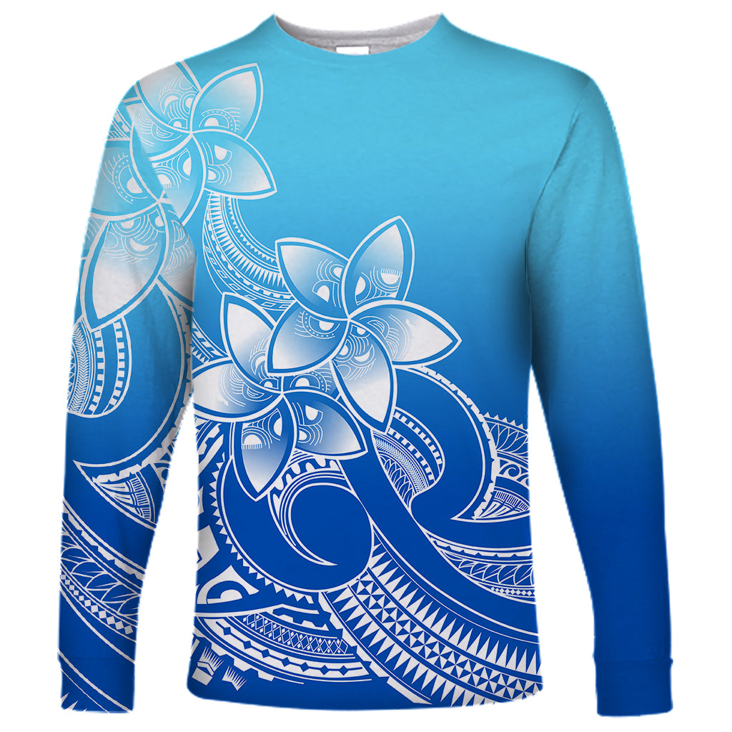 Polynesian Pride Plumeria Flowers Long Sleeve Shirt Polynesian Tribal Gradient Blue - Wonder Print Shop