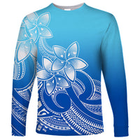 Polynesian Pride Plumeria Flowers Long Sleeve Shirt Polynesian Tribal Gradient Blue - Wonder Print Shop