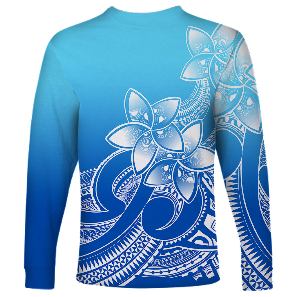 Polynesian Pride Plumeria Flowers Long Sleeve Shirt Polynesian Tribal Gradient Blue - Wonder Print Shop