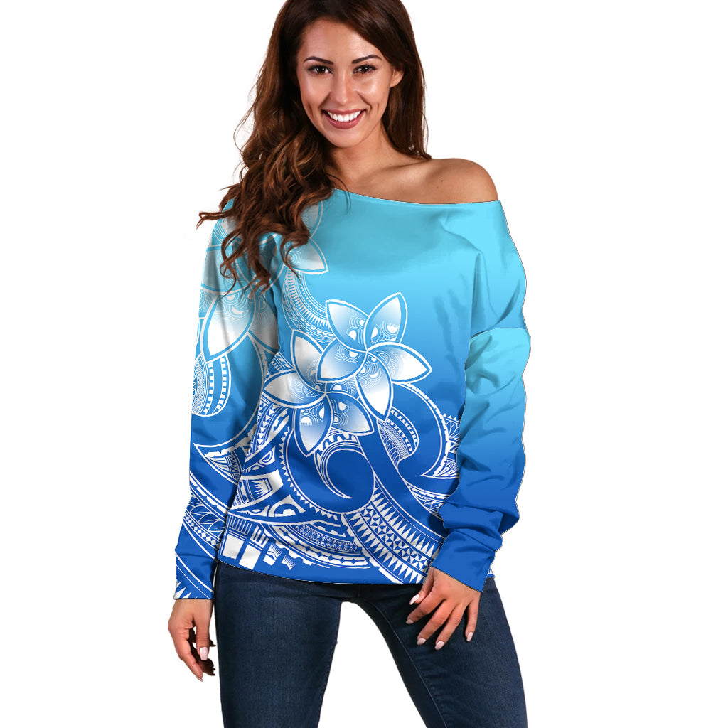Polynesian Pride Plumeria Flowers Off Shoulder Sweater Polynesian Tribal Gradient Blue - Wonder Print Shop