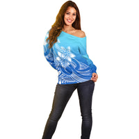 Polynesian Pride Plumeria Flowers Off Shoulder Sweater Polynesian Tribal Gradient Blue - Wonder Print Shop