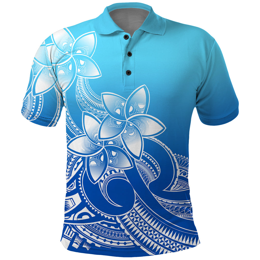 Polynesian Pride Plumeria Flowers Polo Shirt Polynesian Tribal Gradient Blue - Wonder Print Shop
