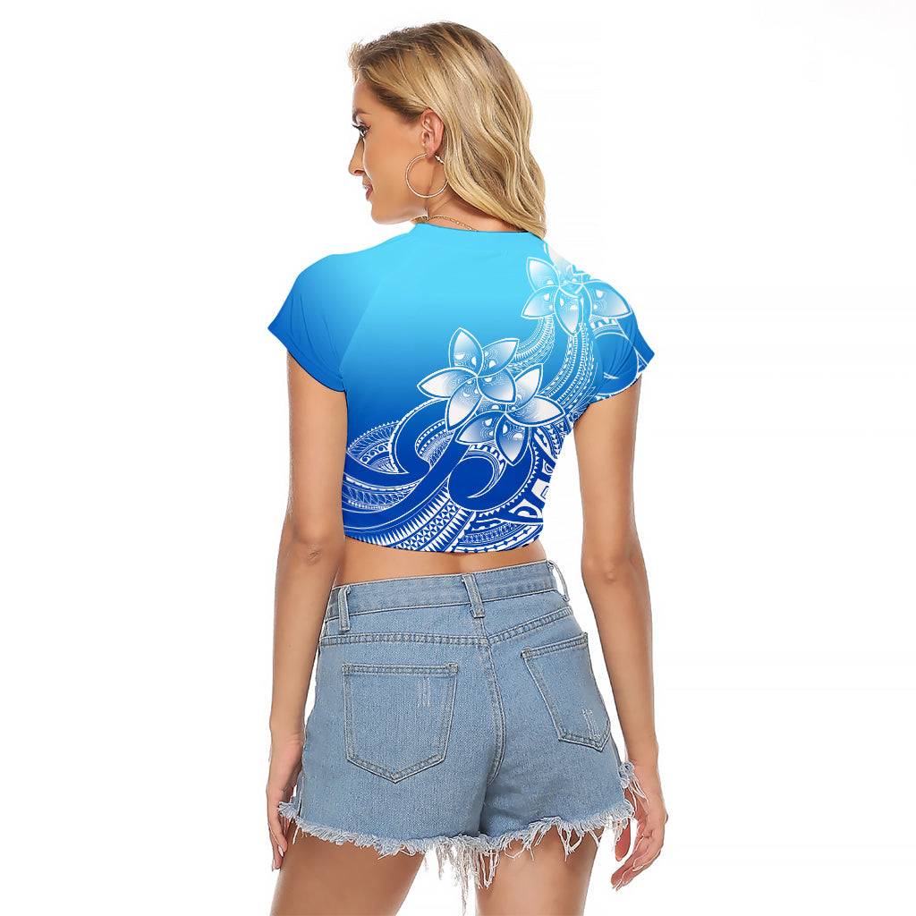 Polynesian Pride Plumeria Flowers Raglan Cropped T Shirt Polynesian Tribal Gradient Blue - Wonder Print Shop
