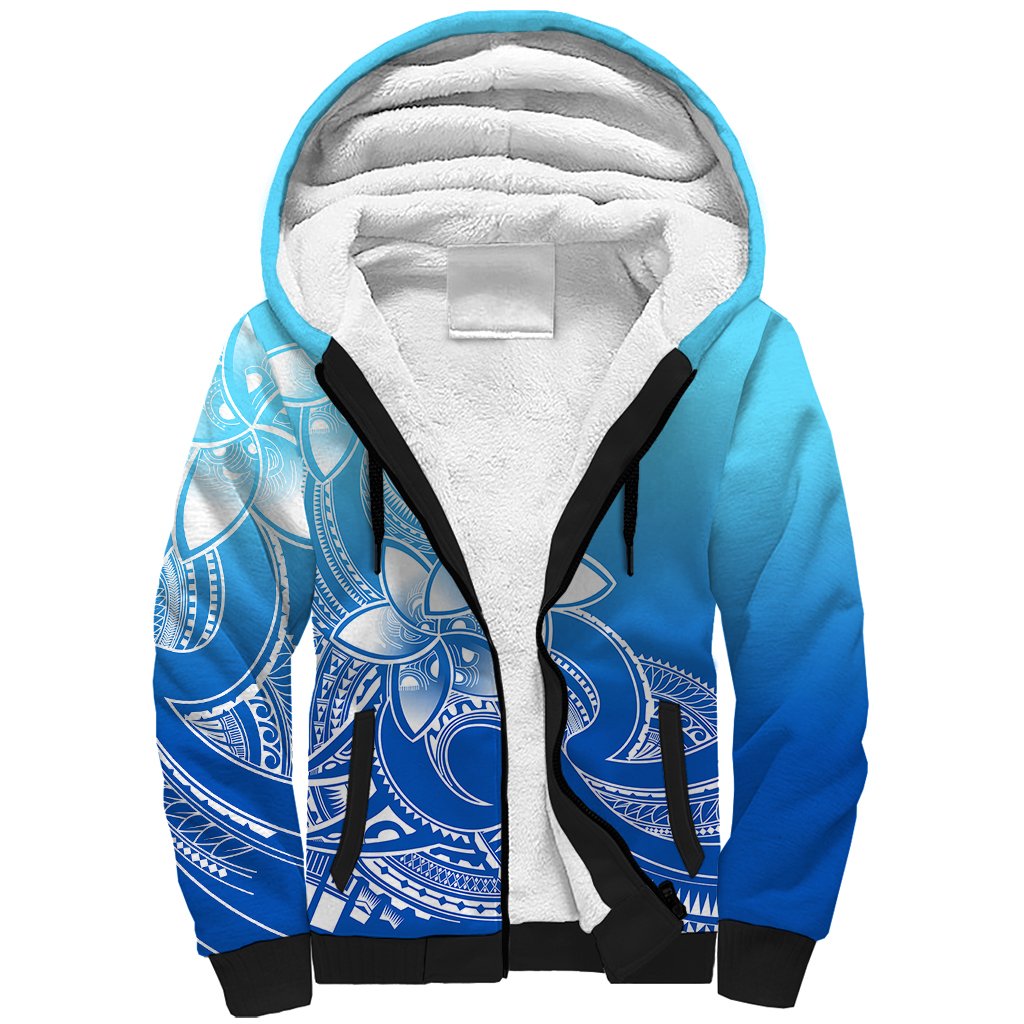 Polynesian Pride Plumeria Flowers Sherpa Hoodie Polynesian Tribal Gradient Blue - Wonder Print Shop