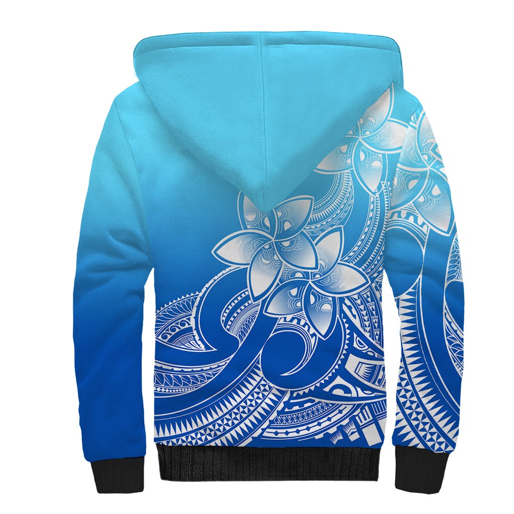 Polynesian Pride Plumeria Flowers Sherpa Hoodie Polynesian Tribal Gradient Blue - Wonder Print Shop