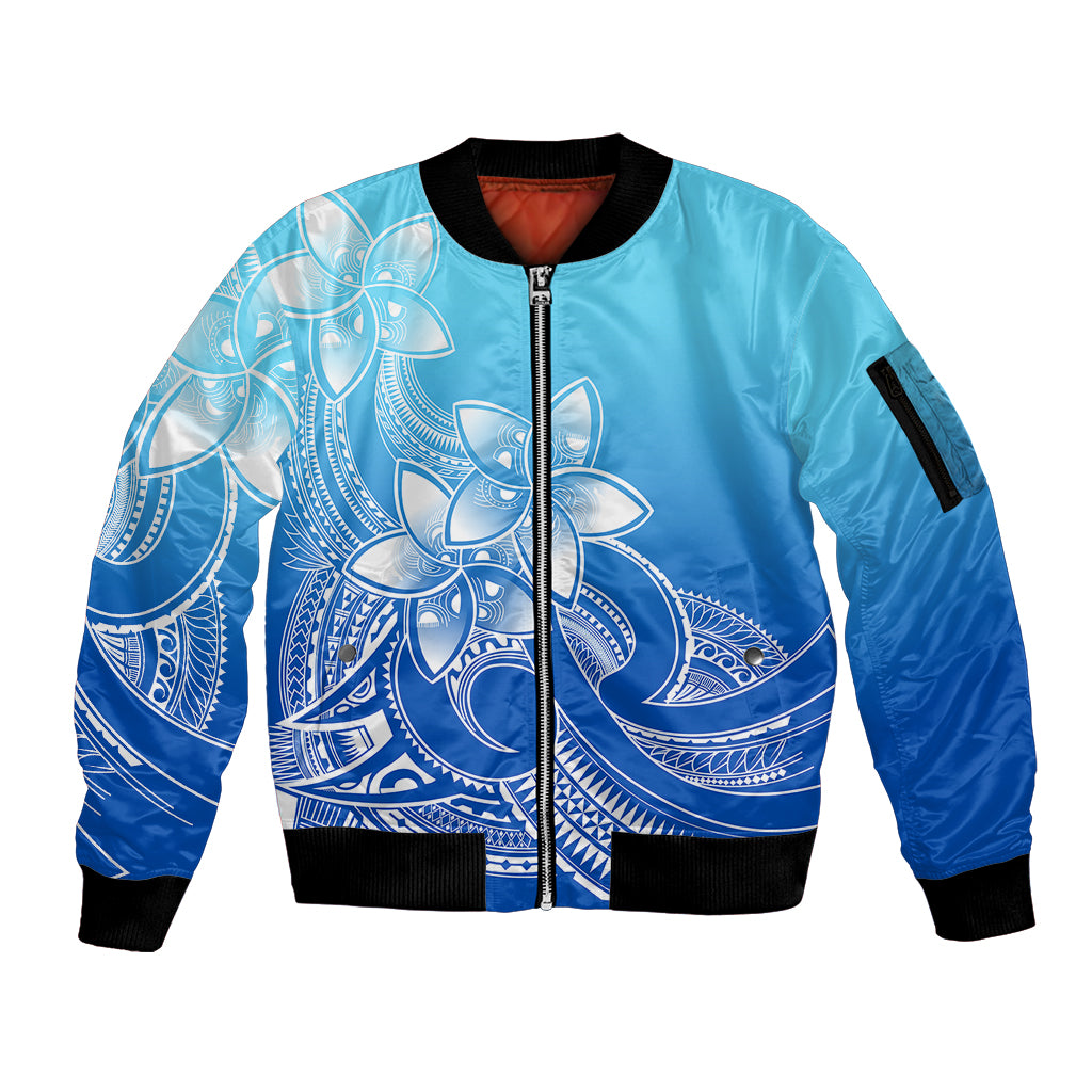 Polynesian Pride Plumeria Flowers Sleeve Zip Bomber Jacket Polynesian Tribal Gradient Blue - Wonder Print Shop