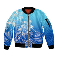 Polynesian Pride Plumeria Flowers Sleeve Zip Bomber Jacket Polynesian Tribal Gradient Blue - Wonder Print Shop