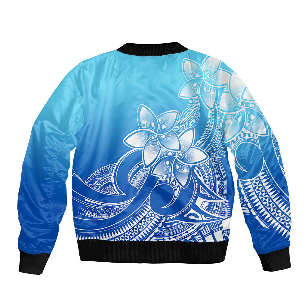Polynesian Pride Plumeria Flowers Sleeve Zip Bomber Jacket Polynesian Tribal Gradient Blue - Wonder Print Shop