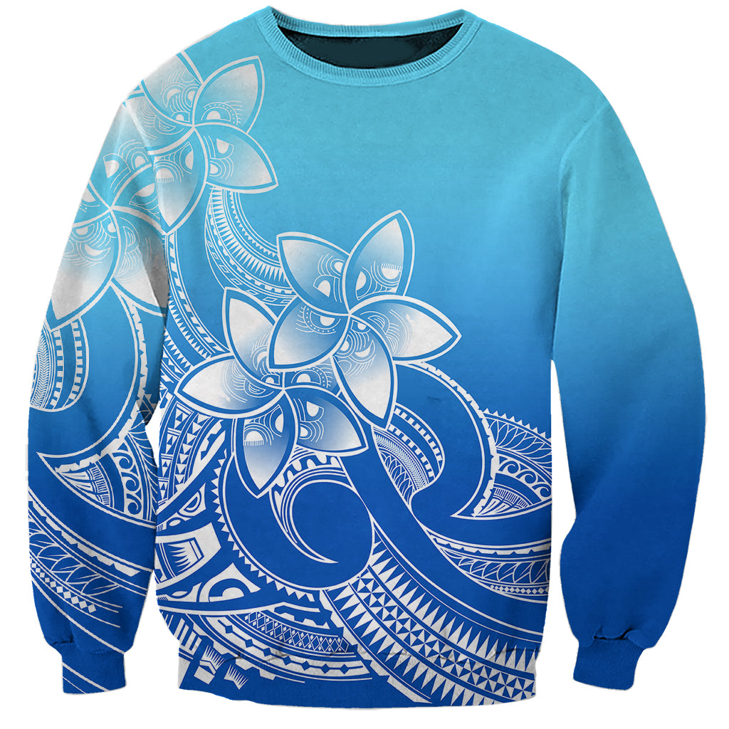 Polynesian Pride Plumeria Flowers Sweatshirt Polynesian Tribal Gradient Blue - Wonder Print Shop