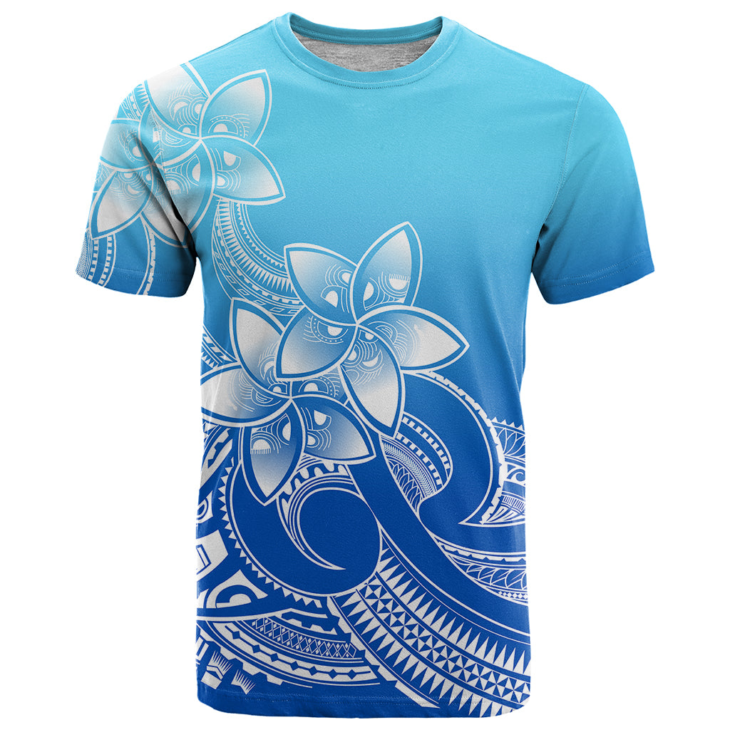 Polynesian Pride Plumeria Flowers T Shirt Polynesian Tribal Gradient Blue - Wonder Print Shop