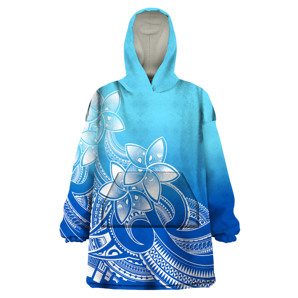 Polynesian Pride Plumeria Flowers Wearable Blanket Hoodie Polynesian Tribal Gradient Blue - Wonder Print Shop