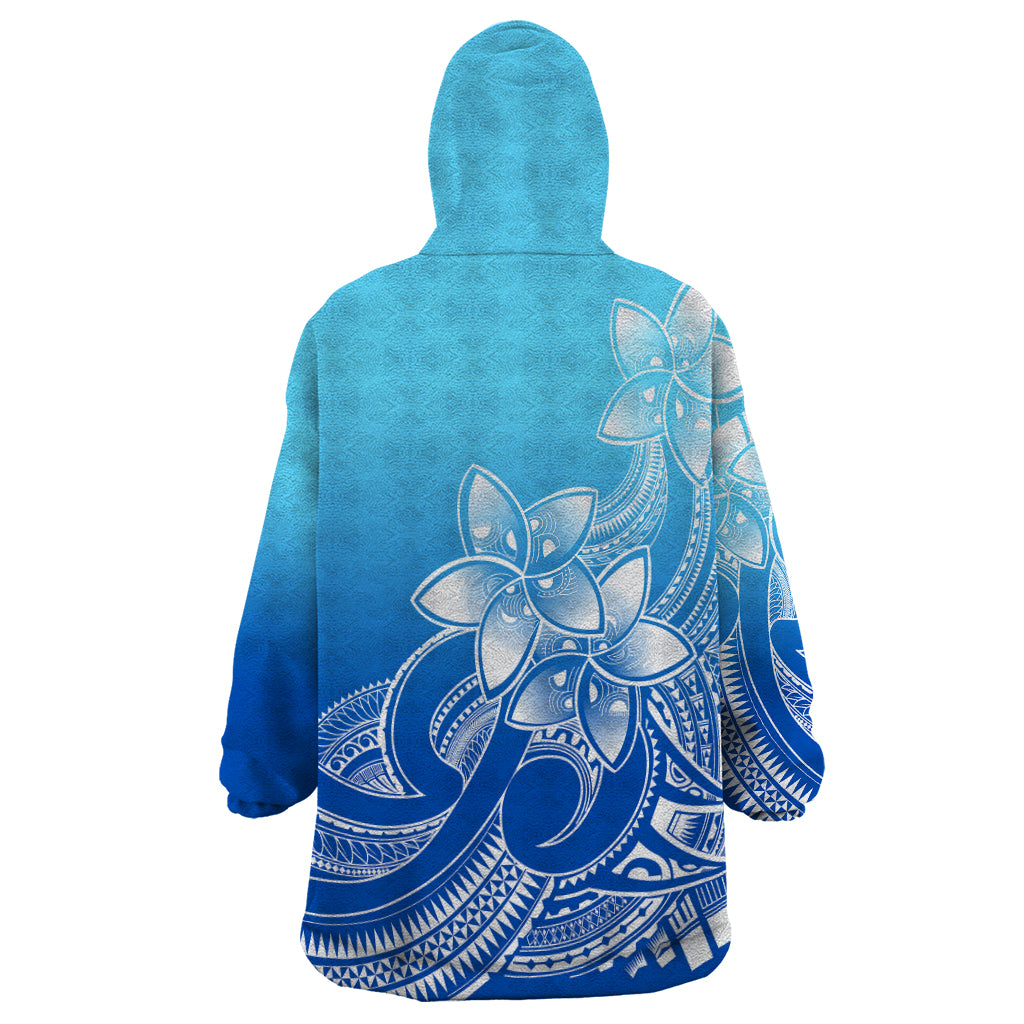Polynesian Pride Plumeria Flowers Wearable Blanket Hoodie Polynesian Tribal Gradient Blue - Wonder Print Shop