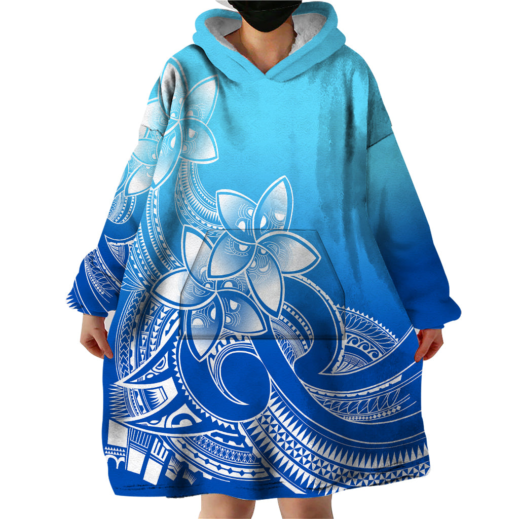Polynesian Pride Plumeria Flowers Wearable Blanket Hoodie Polynesian Tribal Gradient Blue - Wonder Print Shop