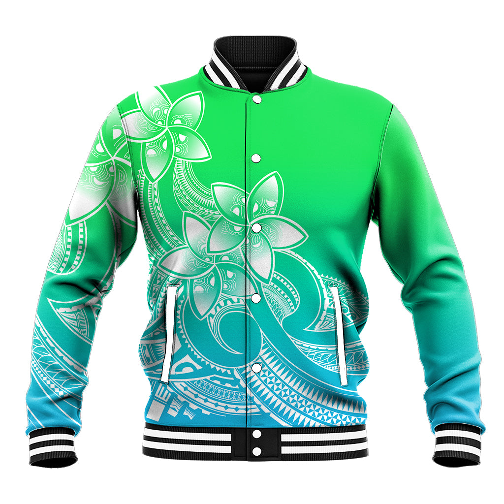 Polynesian Pride Plumeria Flowers Baseball Jacket Polynesian Tribal Gradient Green LT9 - Wonder Print Shop