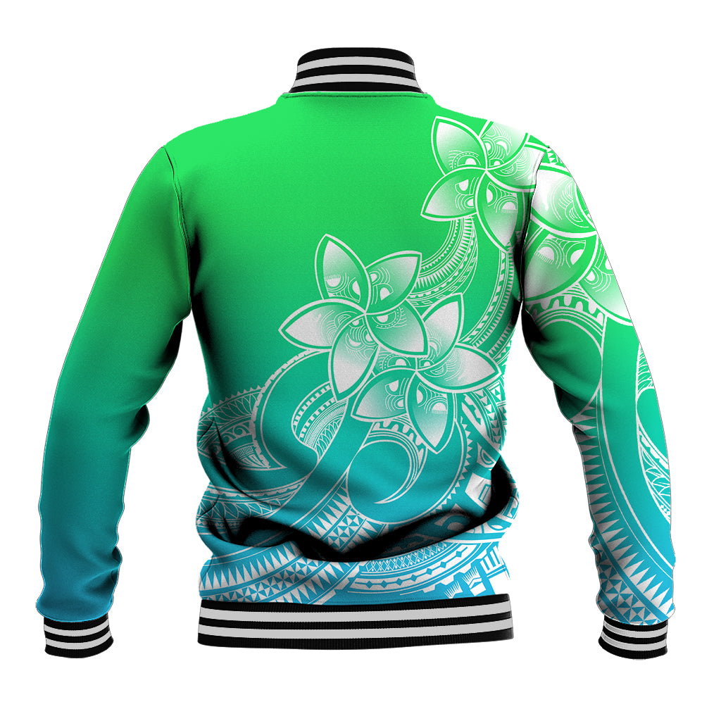 Polynesian Pride Plumeria Flowers Baseball Jacket Polynesian Tribal Gradient Green LT9 - Wonder Print Shop