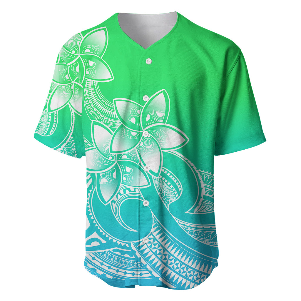 Polynesian Pride Plumeria Flowers Baseball Jersey Polynesian Tribal Gradient Green LT9 - Wonder Print Shop